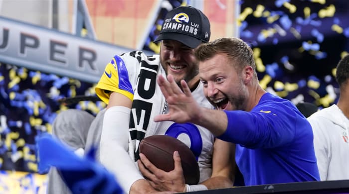 Los Angeles Rams quarterback Matthew Stafford, left, and head coach Sean McVay celebrate after the Rams defeated the Cincinnati Bengals in the Super Bowl.